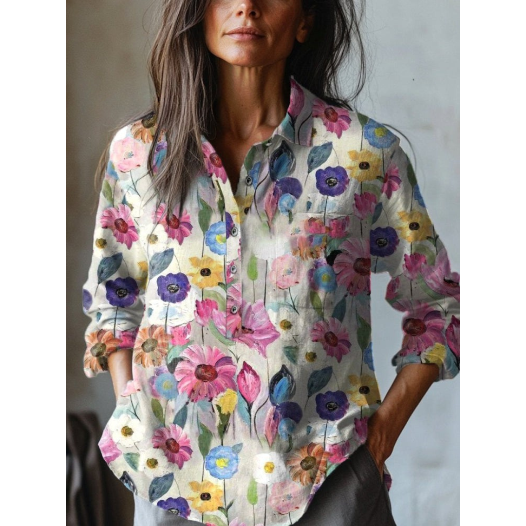 LP | Camicia da donna in cotone e lino con stampa artistica floreale