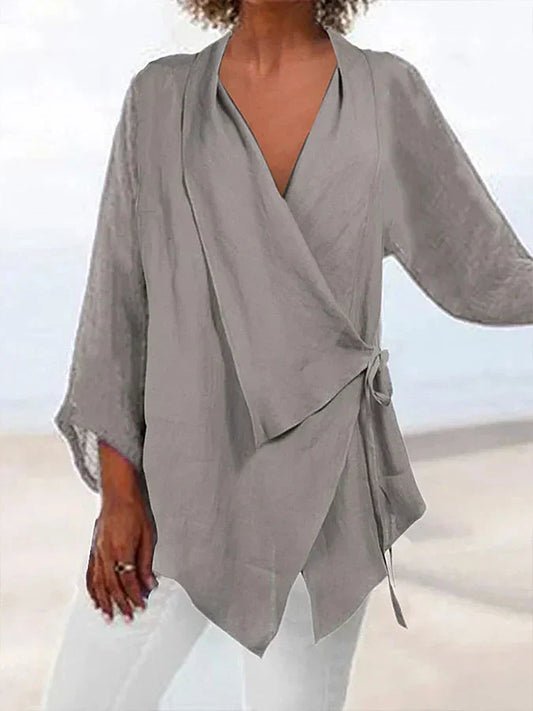 LP | Camicia da donna casual in cotone e lino con risvolto allacciato